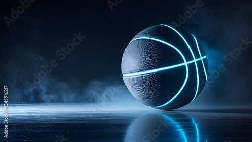 basketball with glowing blue edges, close-up shot, dark background