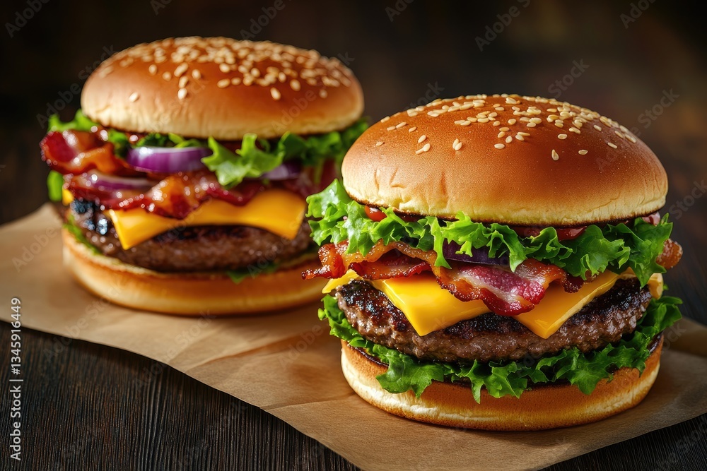 Two juicy hamburgers topped with bacon, cheese, lettuce, and caramelized onions. Served on sesame seed buns on a piece of parchment paper over a dark wooden table Two juicy hamburgers topped with bacon, cheese, lettuce, and caramelized onions. Served on sesame seed buns on a piece of parchment paper over a dark wooden table