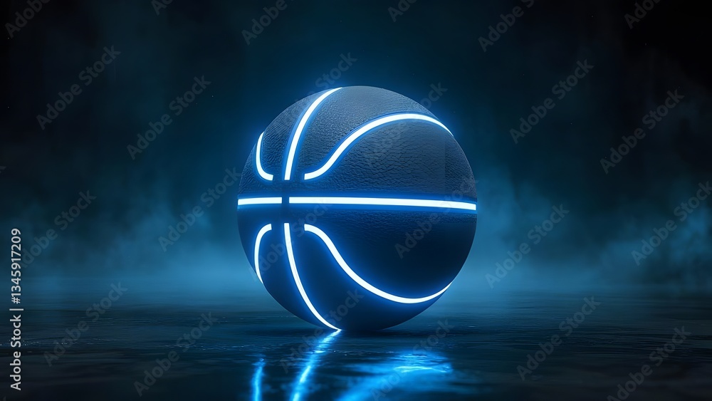 Fototapeta premium basketball with glowing blue edges, close-up shot, dark background