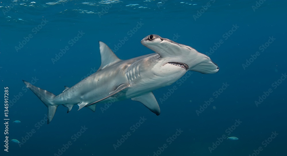 Fototapeta premium A hammerhead shark with its distinctive wide, hammer-shaped head and powerful body.