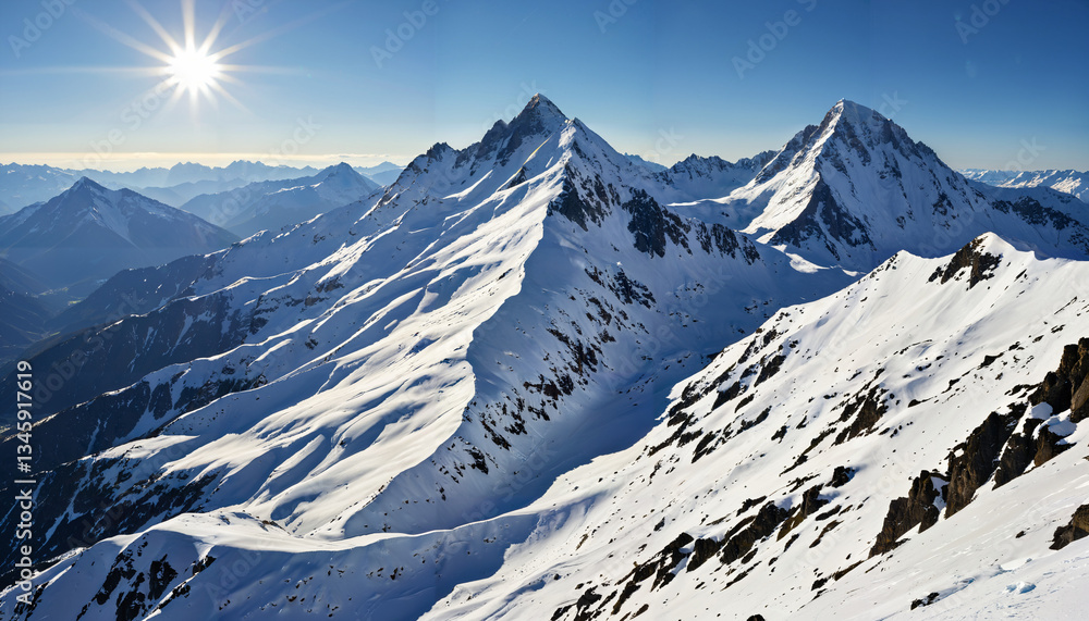 Le paysage montagneux enneigé sous le soleil