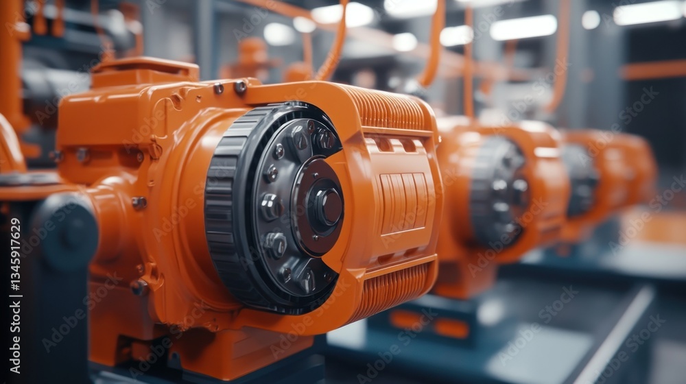 Several orange machines are arranged in a factory setting environment Several orange machines are arranged in a factory setting environment