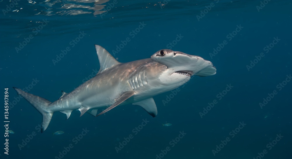 Fototapeta premium A hammerhead shark with its distinctive wide, hammer-shaped head and powerful body.