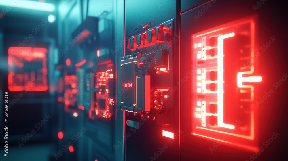 Electronic server racks with glowing red lights and circuit boards Electronic server racks with glowing red lights and circuit boards