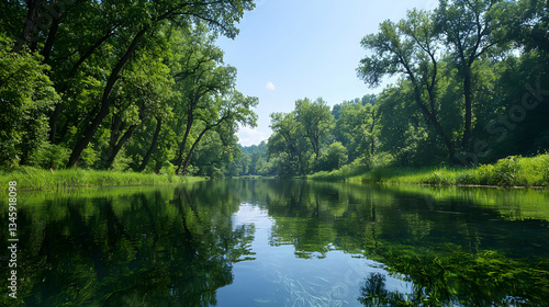 Lush Green Forest Reflecting in Calm River Water under Clear Blue Sky on Sunny Summer Day