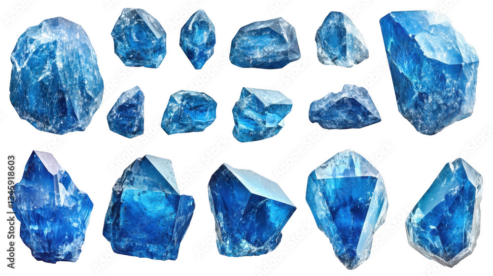 Various Raw Blue Crystals Isolated on White Background Various Raw Blue Crystals Isolated on White Background