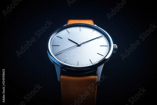 Wallpaper Mural Stylish Minimalist Wristwatch with Matte Silver Dial and Brown Leather Strap on Black Background Torontodigital.ca