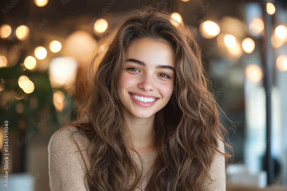 Young woman smiling brightly after dentist teeth whitening session in modern dental office with warm ambiance and natural light Young woman smiling brightly after dentist teeth whitening session in modern dental office with warm ambiance and natural light