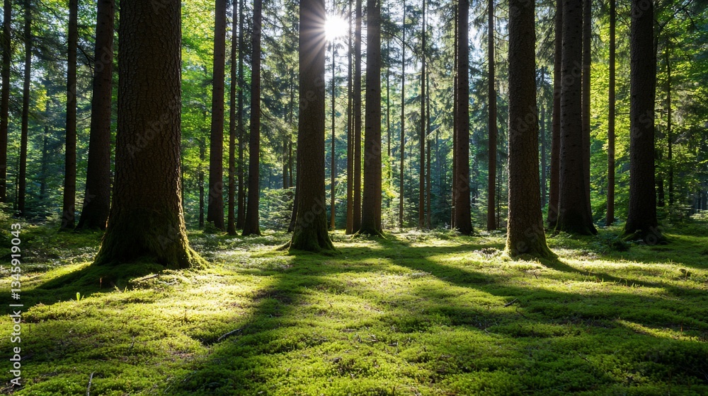 Sunlit forest floor, moss covered, tall trees Sunlit forest floor, moss covered, tall trees