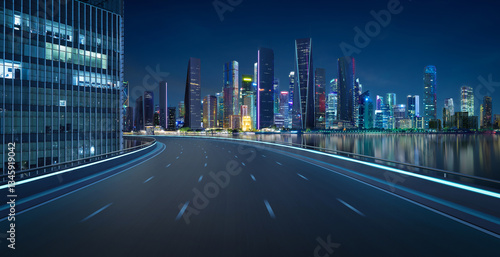Fotografía 3D Empty asphalt road and modern city skyline panorama in shenzhen at night