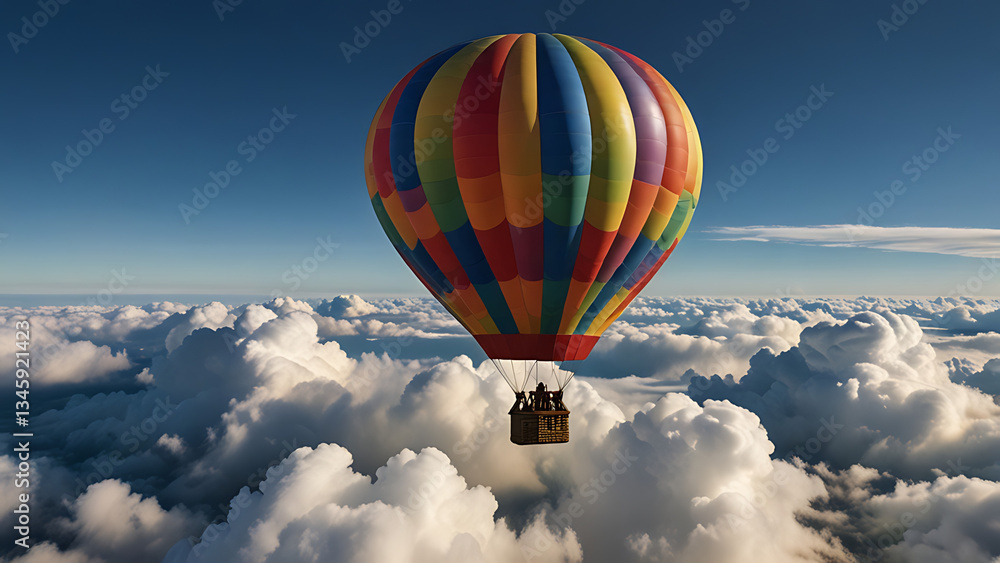 Fototapeta premium A colorful hot air balloon floats gracefully above fluffy white clouds against a clear blue sky.