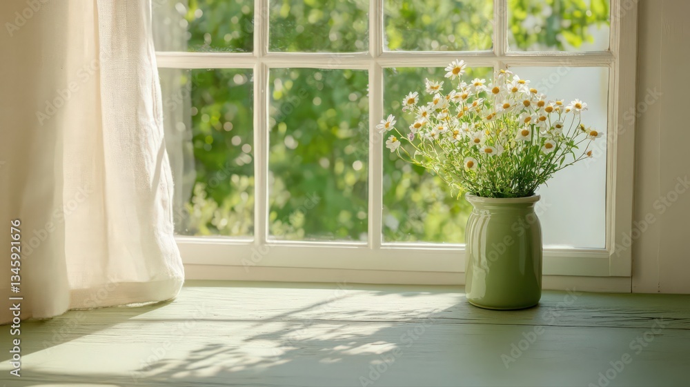 Sunlit Daisies in a Green Vase on a Window Sill Sunlit Daisies in a Green Vase on a Window Sill