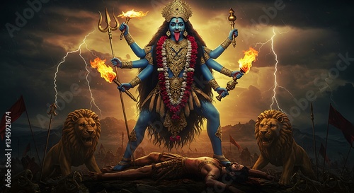Majestic depiction of the Hindu goddess Kali standing above a defeated figure