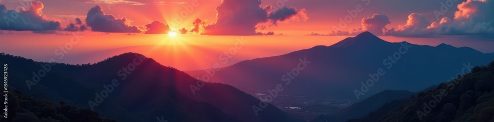 Fototapeta premium Dramatic sunset landscape, Phu Kradueng's majestic Mak Duk Cliff Vibrant sky , scenic, sunset