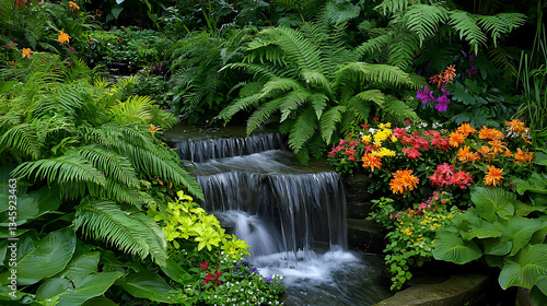 Colorful Waterfall Cascading Through Lush Garden