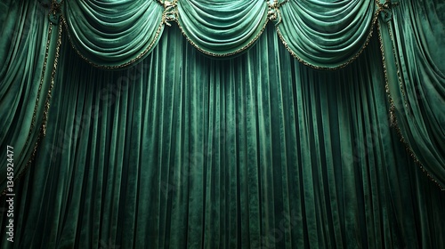 Elegant green velvet stage curtains drape open in a theater setting, creating a dramatic and luxurious ambiance