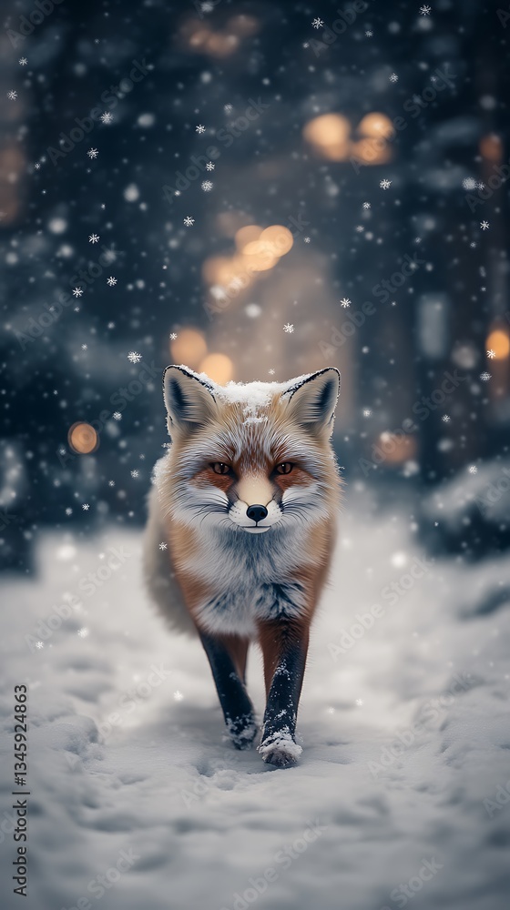 Obraz premium Red Fox Walking Winter Snow Forest.