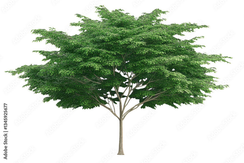 Obraz premium large green tree with full canopy of leaves and branches, showcasing vibrant foliage and sturdy trunk, evokes sense of tranquility and nature beauty