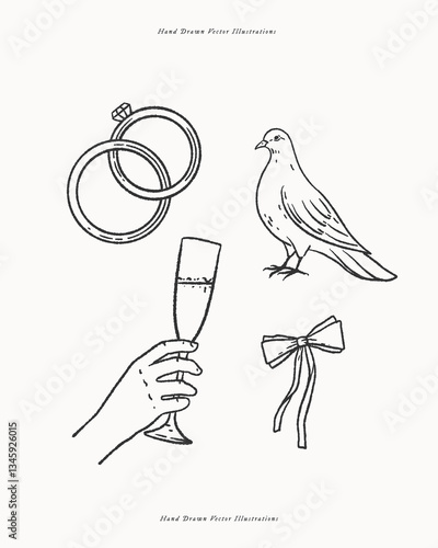 Hand-drawn vintage-style vector illustration featuring wedding symbols: intertwined rings, a dove, a champagne glass in hand, and a bow. Ideal for wedding invitations, decorations, and branding.