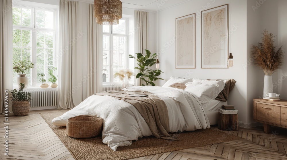 Fototapeta premium Bright Minimalist Bedroom Interior with White Bedding and Natural Light