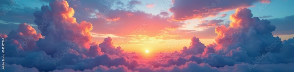 Obraz premium Stunning colorful clouds at dawn, bright blue and orange sky , golden hour, high angle, background