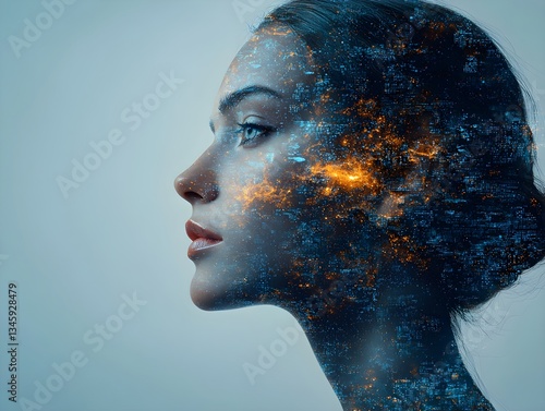 Futuristic Woman's Face with Digital City Background