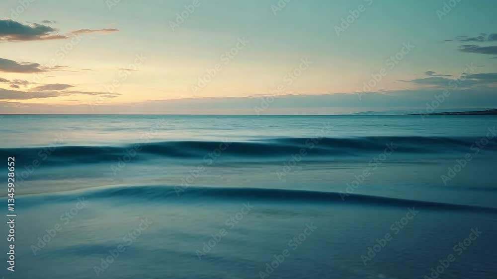 Serene Sunset Over Calm Ocean Gentle Waves Lapping at Shore, Creating Tranquil Beach Landscape with Soft Pastel Colors and Peaceful Atmosphere at Horizon. Serene Sunset Over Calm Ocean Gentle Waves Lapping at Shore, Creating Tranquil Beach Landscape with Soft Pastel Colors and Peaceful Atmosphere at Horizon.