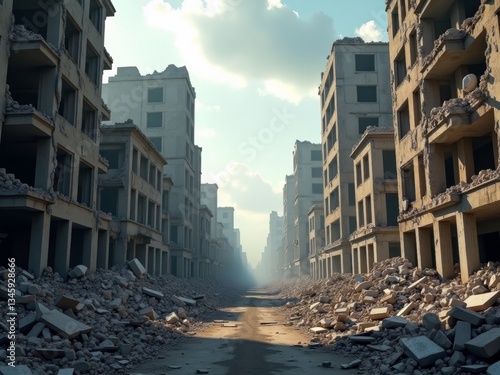 Destruction and devastation in a post-apocalyptic cityscape