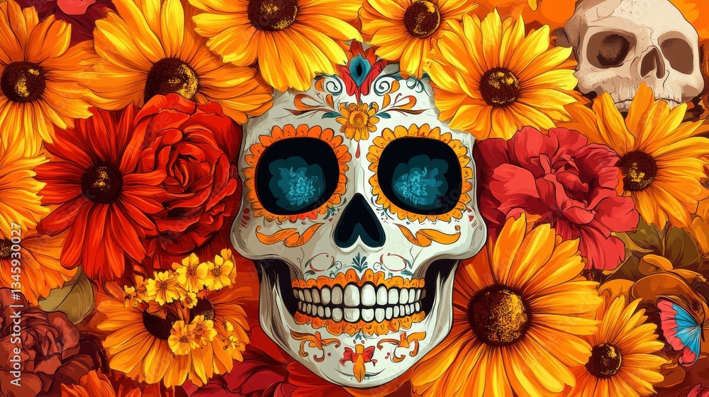 Festive Sugar Skull with Flowers Art Festive Sugar Skull with Flowers Art