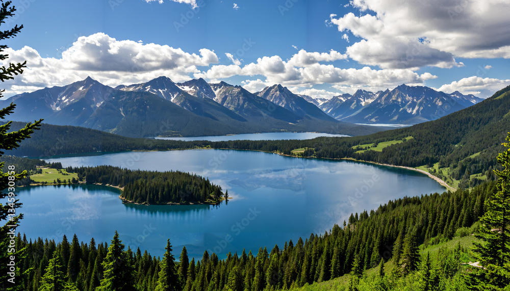 Le calme majestueux d'un lac entouré de montagnes dans un décor de forêt luxuriante.