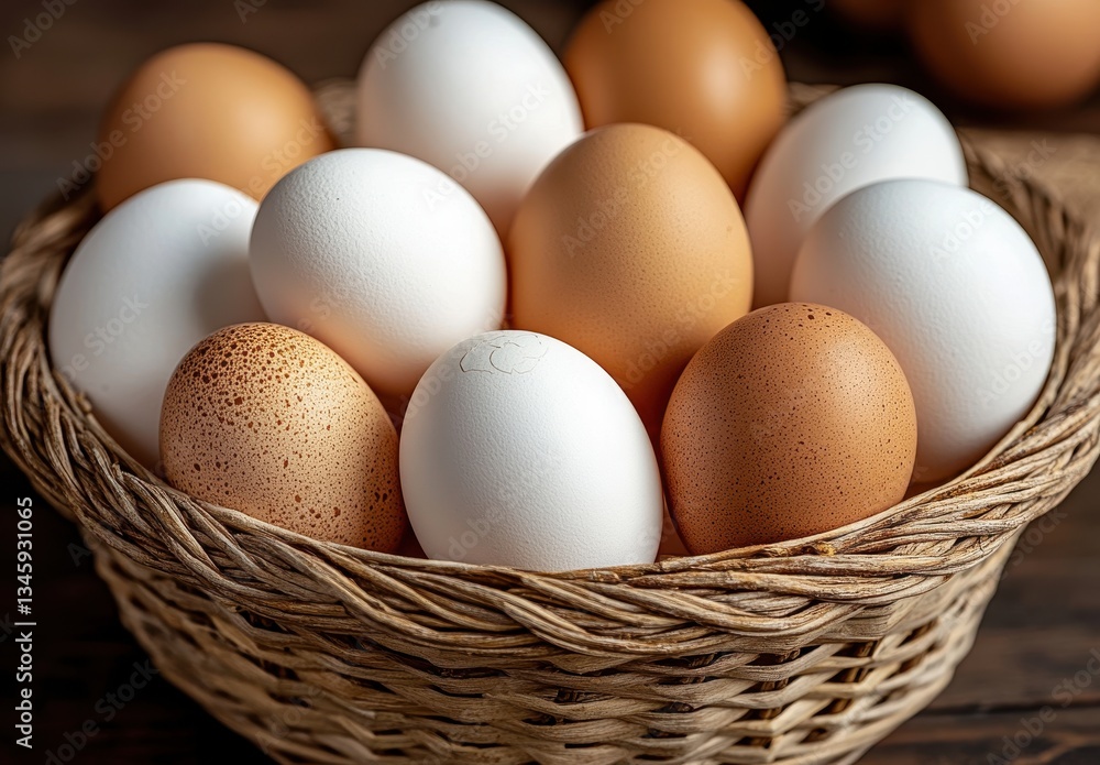 Fresh Organic Eggs in a Woven Basket Displaying Natural Colors of Brown and White Eggs on a Rustic Wooden Surface for Culinary Use Fresh Organic Eggs in a Woven Basket Displaying Natural Colors of Brown and White Eggs on a Rustic Wooden Surface for Culinary Use