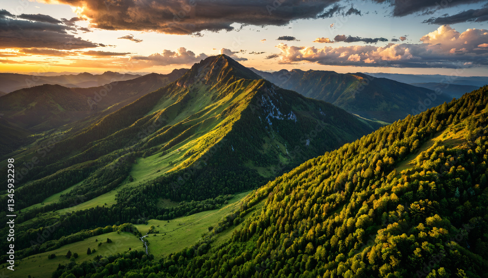 Paysage montagneux verdoyant avec un coucher de soleil