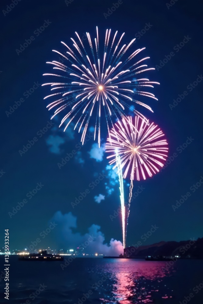 Dark blue night sky, vibrant blue fireworks bursting, ample copy space , night sky, abstract Dark blue night sky, vibrant blue fireworks bursting, ample copy space , night sky, abstract