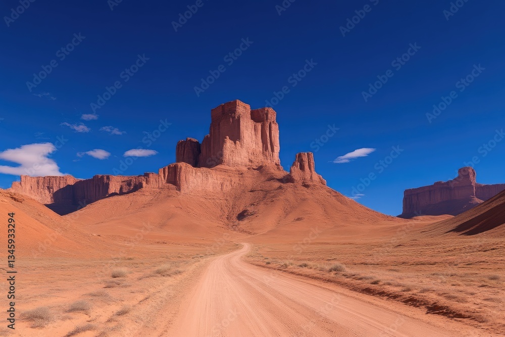 Naklejka premium Desert landscape with a dramatic rock formation and a dirt road