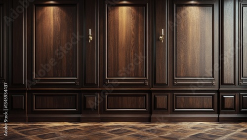 Dark wood paneling wall with decorative baseboard and lighting