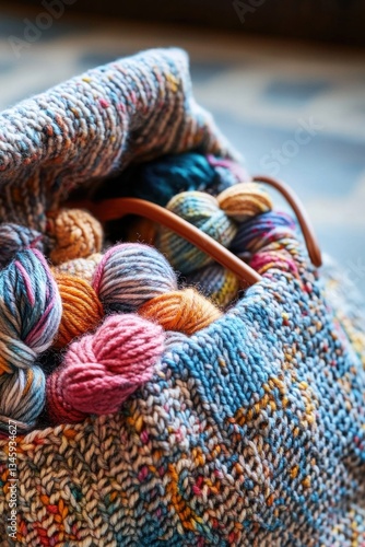 A colorful bag filled with various yarns, great for crafting or creative projects