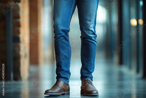 A person standing in a hallway wearing shoes