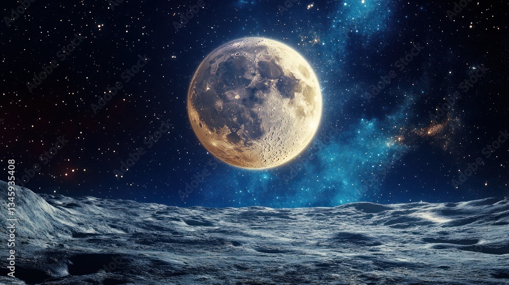 Fototapeta premium A full bright moon hangs in the starlit night sky above