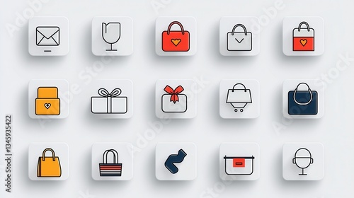 A collection of 15 unique outline icons representing various retail and e commerce concepts including shopping cart gift box payment login and more designed in a clean and minimalist style