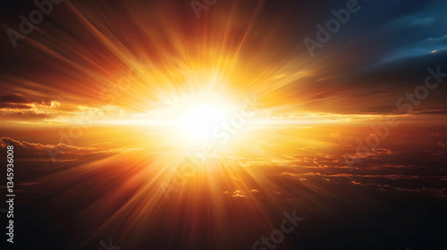 Abstract Sunset Sky With Golden Light Bursting Forth From The Horizon Against A Darkened Blue Sky