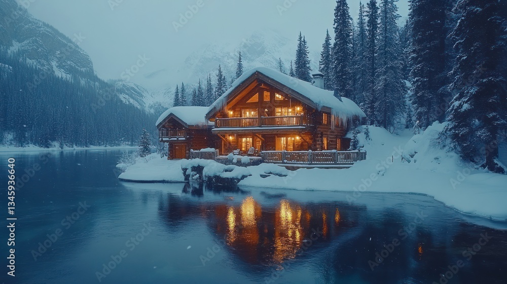 Fototapeta premium Illuminated lakeside cabin nestled in a snowy, mountainous winter landscape.