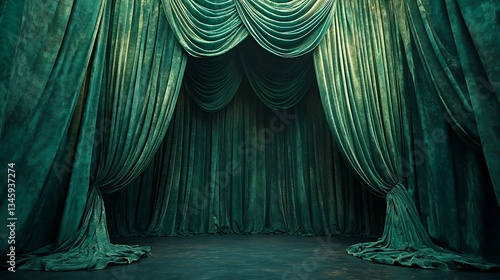 Elegant green velvet stage curtains drape open in a theater setting, creating a dramatic and luxurious ambiance