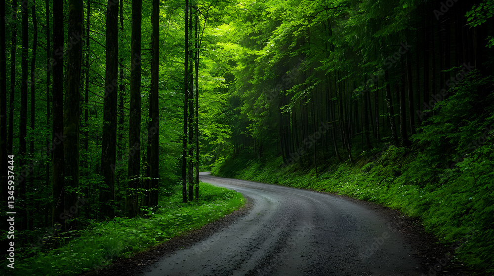 Obraz premium Winding Asphalt Road Through Lush Green Forest with Sunlight and Canopy