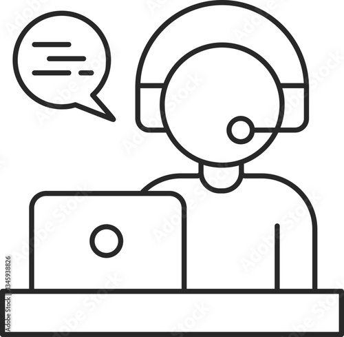 Call center agent line icon with headset, customer service, and online communication support, vector.