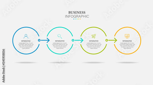 Line step infographic. 4 options workflow diagram, circle timeline number infograph, process steps chart. Linear vector infographics. Process order infographic arrow and steps point illustration