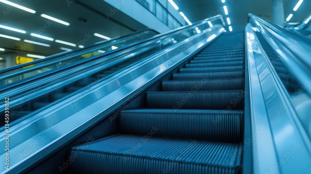 Modern Blue Metallic Escalator in Brightly Lit Contemporary Building Interior Modern Blue Metallic Escalator in Brightly Lit Contemporary Building Interior