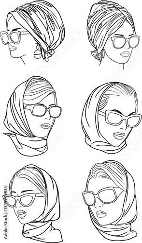 Girl pirtrait set of vector outline illusrrations of modest girl in headscarf