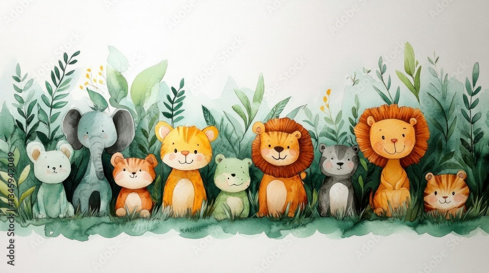 Naklejka premium Adorable Watercolor Jungle Animals Nursery Art Print