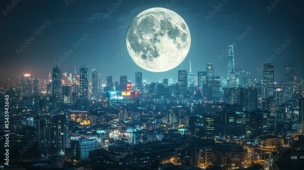 Obraz premium A massive illuminated moon hovering over a vibrant city skyline