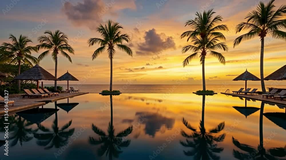 Tropical resort with palm trees reflected in the pool at sunset golden hour scenic view Tropical resort with palm trees reflected in the pool at sunset golden hour scenic view